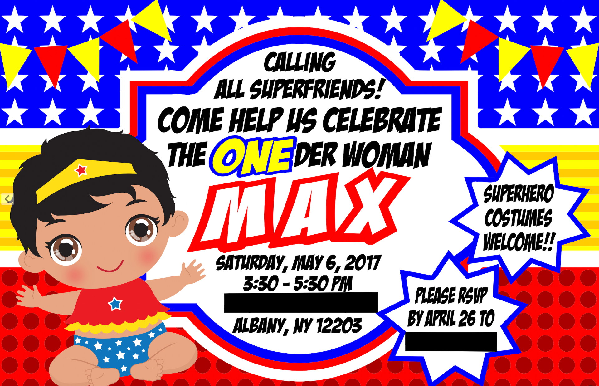 A child's superhero-themed first birthday invitation, featured in a guide to how many diapers a baby needs in the first year.