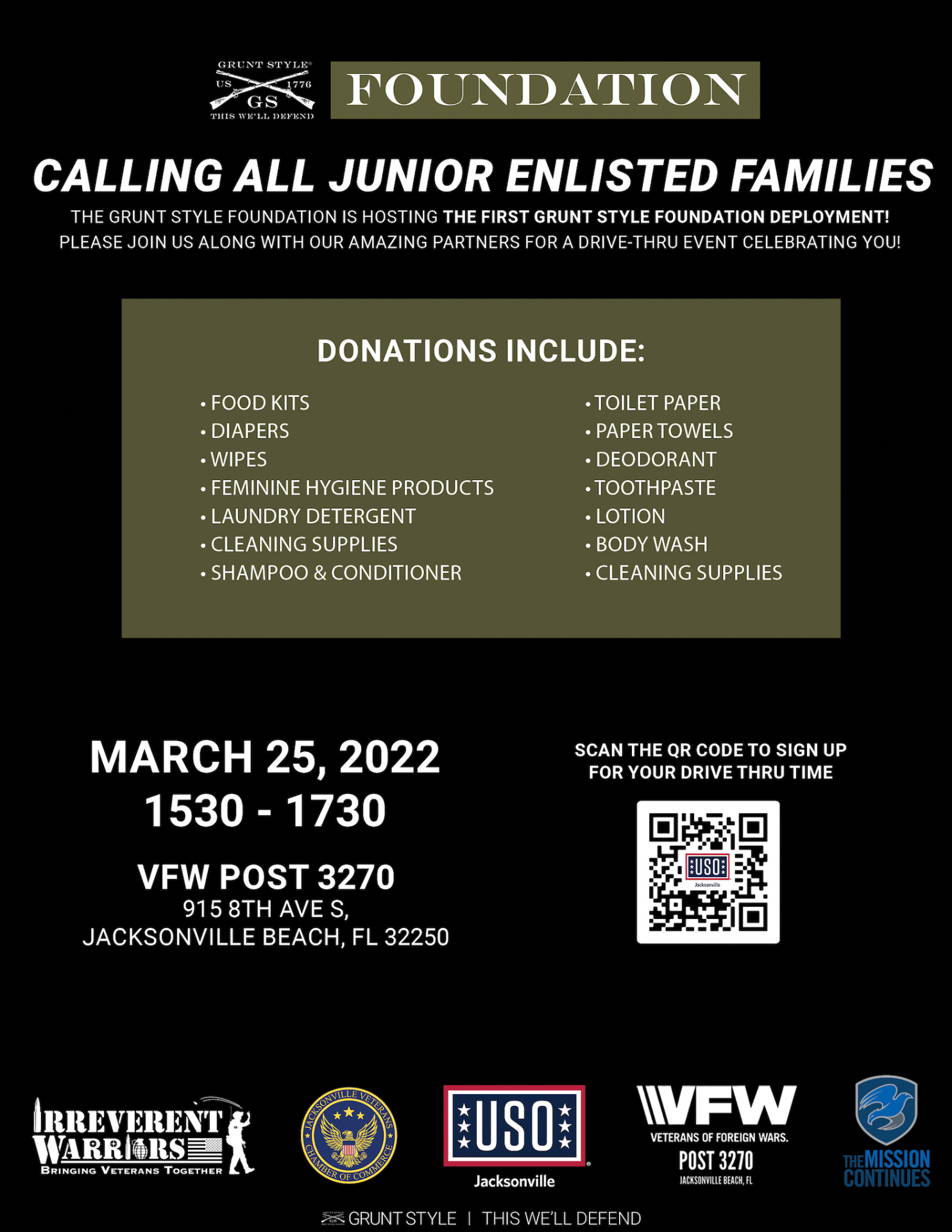 A military family supply drive-thru event flyer listing donations including diapers, wipes, and hygiene items