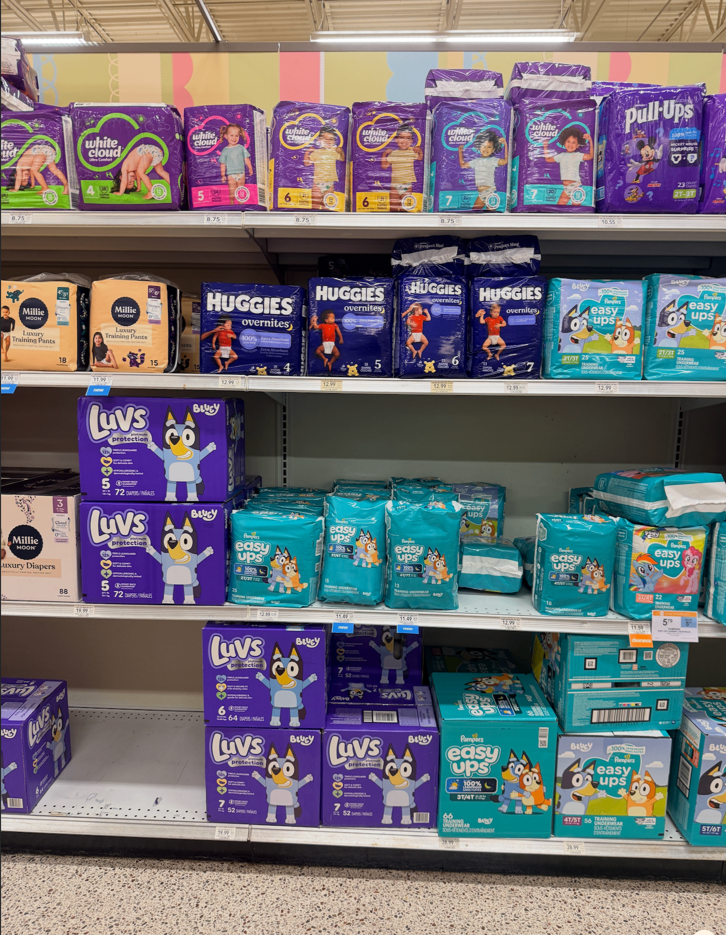 Pull-ups and training pants on a store shelf with price tags, featured in a guide to how much pull-ups cost.